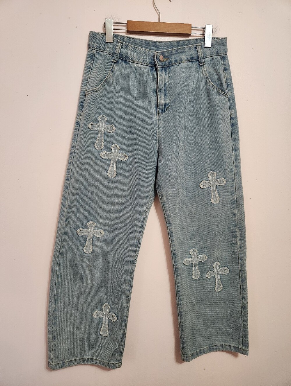 Light Wash Frayed Cross Patch Baggy Wide Leg Denim Jeans Grunge Y2K Streetwear